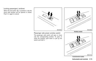 Black plate (143,1)




Locking passengers’ windows
           GUID-16F0A2BC-0A92-4EBF-AEF9-3903882D9E1D
When the lock button * is pushed in, only the
                        C
driver side window can be opened or closed.
Push it in again to cancel.




                                                                                                    SIC3336                                SIC3285
                                                                                                                      Hardtop models
                                                          Passenger side power window switch
                                                                     GUID-4D77BC1E-53A2-4A38-9A39-222E83528CCC
                                                          The passenger side switch will open or close
                                                          only the corresponding window. To open or
                                                          close the window, push down or pull up the
                                                          switch and hold it.




                                                                                                                                           SIC4743
                                                                                                                   CrossCabriolet models

                                                                                                                   Instruments and controls 2-55


                                                       [ Edit: 2011/ 7/ 18 Model: Z51-D ]
 