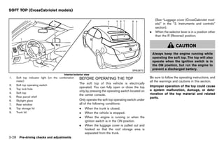 Black plate (182,1)




SOFT TOP (CrossCabriolet models)
              GUID-4E386DA4-547C-4A5A-BC6A-9C85B5A124D5
                                                                                                                        (See “Luggage cover (CrossCabriolet mod-
                                                                                                                        els)” in the “2. Instruments and controls”
                                                                                                                        section).
                                                                                                                  .     When the selector lever is in a position other
                                                                                                                        than the R (Reverse) position.


                                                                                                                                       CAUTION
                                                                                                                      Always keep the engine running while
                                                                                                                      operating the soft top. The top will also
                                                                                                                      operate when the ignition switch is in
                                                                                                                      the ON position, but run the engine to
                                                                                                     SPA2872
                                                                                                                      prevent a discharged battery.
                                              Interior/exterior view
1.   Soft top indicator light (on the combination            BEFORE OPERATING THE TOP                             Be sure to follow the operating instructions, and
                                                                      GUID-B5A72515-20E3-4BF7-986E-50FBF5D603CE
     meter)                                                                                                       all the warnings and cautions in this section.
                                                             The soft top of this vehicle is electrically
2.   Soft top operating switch                                                                                    Improper operation of the top could cause
                                                             operated. You can fully open or close the top
3.   Top lock hole                                                                                                a system malfunction, damage, or dete-
                                                             only by pressing the operating switch located on
4.   Soft top                                                                                                     rioration of the top material and related
                                                             the center console.
5.   Rear parcel shelf                                                                                            parts.
6.   Skylight glass                                          Only operate the soft top operating switch under
7.   Rear window                                             all of the following conditions:
8.   Top storage lid                                         .   When the trunk is closed.
9.   Trunk lid                                               .   When the vehicle is stopped.
                                                             .   When the engine is running or when the
                                                                 ignition switch is in the ON position.
                                                             .   When the luggage cover is pulled out and
                                                                 hooked so that the roof storage area is
                                                                 separated from the trunk.
3-28 Pre-driving checks and adjustments


                                                          [ Edit: 2011/ 7/ 18 Model: Z51-D ]
 