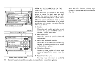 Black plate (214,1)




                                                      HOW TO SELECT MENUS ON THE                           about the menu selection currently high-
                                                      SCREEN                                               lighted. (i.e. Adjust head lamp on time after
                                                               GUID-A99F09D5-163A-4999-B026-01C6F0DE8FF4
                                                      Vehicle functions are viewed on the display          shut-off.)
                                                      screen in menus. To select each key item,
                                                      highlight the preferred item using the multi-
                                                      function controller and push the ENTER button.
                                                      Whenever a menu selection is made or menu
                                                      item is highlighted, different areas on the screen
                                                      provide you with important information. See the
                                                      following for details.
                                                      1. Header:
                                                          Shows the path used to get to the current
                                         SAA2477          screen. (i.e. push SETTING button >
         Models with navigation system                    choose “Comfort” menu item.)
                                                      2. Menu Selections:
                                                          Shows the options to choose within that
                                                          menu screen.
                                                      3. UP/DOWN Movement indicator:
                                                          Shows that the multi-function controller may
                                                          be used to move UP/DOWN on the screen
                                                          and select more options.
                                                      4. Menu Items Counter:
                                                          Shows the total number of items listed
                                                          across all pages for the current menu (i.e.
                                                          3/7).
                                         SAA3149      5. Footer/Information Line:
        Models without navigation system                  Provides more information (if available)
4-8   Monitor, heater, air conditioner, audio, phone and voice recognition systems



                                                   [ Edit: 2011/ 7/ 18 Model: Z51-D ]
 