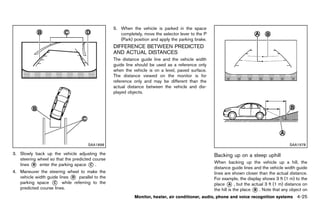 Black plate (231,1)




                                                    5. When the vehicle is parked in the space
                                                       completely, move the selector lever to the P
                                                       (Park) position and apply the parking brake.
                                                    DIFFERENCE BETWEEN PREDICTED
                                                    AND ACTUAL DISTANCES
                                                             GUID-302A28CA-AC28-4AE5-B064-524507B0E06E
                                                    The distance guide line and the vehicle width
                                                    guide line should be used as a reference only
                                                    when the vehicle is on a level, paved surface.
                                                    The distance viewed on the monitor is for
                                                    reference only and may be different than the
                                                    actual distance between the vehicle and dis-
                                                    played objects.




                                     SAA1898                                                                                                       SAA1978

3. Slowly back up the vehicle adjusting the                                                              Backing up GUID-9D4C9AE0-331F-46DC-A0F9-BCC442E7A25A
                                                                                                                    on a steep uphill
   steering wheel so that the predicted course
                                                                                                         When backing up the vehicle up a hill, the
   lines * enter the parking space * .
          B                            C
                                                                                                         distance guide lines and the vehicle width guide
4. Maneuver the steering wheel to make the                                                               lines are shown closer than the actual distance.
   vehicle width guide lines * parallel to the
                             D                                                                           For example, the display shows 3 ft (1 m) to the
   parking space * while referring to the
                    C                                                                                    place * , but the actual 3 ft (1 m) distance on
                                                                                                                  A
   predicted course lines.                                                                               the hill is the place * . Note that any object on
                                                                                                                               B

                                                               Monitor, heater, air conditioner, audio, phone and voice recognition systems            4-25


                                                 [ Edit: 2011/ 7/ 18 Model: Z51-D ]
 