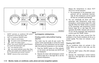 Black plate (238,1)




                                                                                                                     Adjust the temperature to about 758F
                                                                                                                     (248C) for normal operation.
                                                                                                                     . The temperature of the passenger com-
                                                                                                                        partment will be maintained automati-
                                                                                                                        cally. Air flow distribution and fan speed
                                                                                                                        will also be controlled automatically.
                                                                                                                 3. You can individually set driver and front
                                                                                                                    passenger side temperature using each
                                                                                                                    temperature control buttons (type A) or dial
                                                                                                                    (type B). When the “DUAL” button is pushed
                                                                                                                    or the passenger side temperature control
                                                                                                                    buttons (type A) or dial (type B) is/are
                                                                                                                    operated, the DUAL indicator will come on.
                                                                                                    SAA2834
                                                                                                                    To turn off the passenger side temperature
                                                   Type B
                                                                                                                    control, push the “DUAL” button.
1.   “AUTO” automatic air conditioner ON button/          AUTOMATICGUID-0FE56354-85D2-43F0-AEA7-6DFAE35EC270
                                                                    OPERATION
     Temperature control dial (driver side)                                                                      A visible mist may be seen coming from the
2.   “A/C” air conditioner ON/OFF button                  Cooling and/or dehumidified heating                    ventilators in hot, humid conditions as the air is
3.   “     ” intake air control button                    (AUTO)     GUID-501AABAA-75ED-4A8C-BDC5-F83D84729E33
                                                                                                                 cooled rapidly. This does not indicate a mal-
4.   “     ” fan speed control dial/ON/OFF button         This mode may be used all year round. The              function.
5.   “     ” upper vent system button                     system works automatically to control the inside       Heating (A/C OFF)
                                                                                                                             GUID-C4D96DF4-D0D2-4751-8F78-451CD5632566
6.   “DUAL” zone control ON/OFF button/Tempera-           temperature, air flow distribution and fan speed
     ture control dial (passenger side)                                                                          The air conditioner does not activate in this
                                                          after the preferred temperature is set manually.
7.   “     ” front defroster button                                                                              mode. When you need to heat only, use this
                                                          1. Push the “AUTO” button on. (The indicator           mode.
8.   “     ” rear window defroster button (See “Rear
     window and outside mirror defroster switch” in
                                                             on the button will illuminate and AUTO will
                                                                                                                 1. Push the “A/C” button. (The A/C indicator
     the “2. Instruments and controls” section.)             be displayed.)
                                                                                                                    will turn off.)
9.   “MODE” manual air flow control button                2. Operate the driver side temperature control
                                                                                                                 2. Operate the temperature control buttons
                                                             buttons (type A) or dial (type B) to set the
                                                                                                                    (type A) or dial (type B) to set the desired
                                                             desired temperature.
                                                                                                                    temperature.
4-32 Monitor, heater, air conditioner, audio, phone and voice recognition systems


                                                       [ Edit: 2011/ 7/ 18 Model: Z51-D ]
 