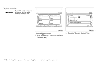 Black plate (272,1)




Bluetooth trademark:
                 Bluetooth® is a trademark owned
                 by Bluetooth SIG, Inc. and li-
                 censed to Clarion Co., Ltd.




                                                                                                SAA2505                                          SAA2506

                                                      Connecting procedure                                   2. Select the “Connect Bluetooth” key.
                                                                 GUID-40491939-1EDD-4FA2-8C53-4CFE711B8116
                                                      1. Push the SETTING button and select the
                                                         “Bluetooth” key.




4-66 Monitor, heater, air conditioner, audio, phone and voice recognition systems


                                                   [ Edit: 2011/ 7/ 18 Model: Z51-D ]
 