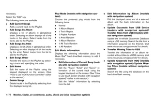 Black plate (282,1)




necessary.                                                 Play Mode (models with navigation sys-                       .   Edit Information by Album (models
Select the “Edit” key.                                     tem):            GUID-D73A39BF-43C8-459F-9C24-47B7F579C407
                                                                                                                            with navigation system)
                                                           Choose the preferred play mode from the                          Edit the displayed name and of a selected
The following items are available
                                                           following items.                                                 album and the track information on the
.   Add Current Songs                                                                                                       album.
                                                           .   Normal
    Add a current track to the Playlist.                                                                                .   Update Gracenote from USB Device
                                                           .   1 Album Repeat
.   Add Songs by Album                                                                                                      (models with navigation system)/
                                                           .   1 Track Repeat
    Displays a list of albums in alphabetical                                                                               Transfer Titles from USB (models with-
    order. Selecting an album displays all of the          .   1 Playlist Random                                            out navigation system)
    tracks in the album. Select tracks from the            .   1 Artist Random                                              Update the in-vehicle Gracenote Database
    list to add to the Playlist.                           .   1 Album Random                                               using a USB memory. Search the title from a
.   Add Songs by Artist                                    .   1 All Track Random                                           information acquired on the Internet. Visit
    Displays a list of artists in alphabetical order.      .   1 All Random                                                 www.nissanusa.com/gracenote/ for details.
    Selecting an artist displays all of the tracks         Edit Music Information:                                      .   Transfer Missing Titles to USB
                                                                          GUID-D73A39BF-43C8-459F-9C24-47B7F579C407
    by the artist. Select tracks from the list to                                                                           Transfer the information of an album re-
                                                           Displays the following information about the
    add to the Playlist.                                                                                                    corded without titles to a USB memory. Visit
                                                           Music Box® hard drive/flash memory to edit if
.   Edit Songs Order                                                                                                        www.nissanusa.com/gracenote/ for details.
                                                           necessary.
    Reorder the tracks in the Playlist by select-                                                                       .   Update Gracenote from HDD (models
                                                           .   Edit Information of Current Song (mod-
    ing a track and specifying the order.                                                                                   with navigation system)/Update Miss-
                                                               els with navigation system)
.   Edit Name                                                                                                               ing Titles (models without navigation
                                                               Edit the “Track”, “Artist” and “Genre” in-                   system)
    Edit the name of the Playlist using the
                                                               formation of the current track using the
    keypad displayed on the screen. (See                                                                                    Search the title using the database on the
                                                               keypad displayed on the screen. (See “How
    “How to use multi-function controller” earlier                                                                          hard drive/flash memory.
                                                               to use touch screen (models with navigation
    in this section.)
                                                               system)” earlier in this section.)
.   Delete Songs
                                                               Edit the “Mode” information by selecting
    Delete tracks in the Playlist by selecting from            from the list.
    the displayed song list.


4-76 Monitor, heater, air conditioner, audio, phone and voice recognition systems


                                                        [ Edit: 2011/ 7/ 18 Model: Z51-D ]
 