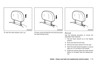Black plate (35,1)




                                           SSS0993                                           SSS0994                                                 SSS0995

To raise the head restraint, pull it up.                To lower, push and hold the lock knob and push   Removal        GUID-FC0E7C18-BEC7-4083-8503-66512F55EE99
                                                        the head restraint down.
                                                                                                         Use the following procedure to remove the
                                                                                                         adjustable head restraints.
                                                                                                         1. Pull the head restraint up to the highest
                                                                                                            position.
                                                                                                         2. Push and hold the lock knob.
                                                                                                         3. Remove the head restraint from the seat.
                                                                                                         4. Store the head restraint properly in a secure
                                                                                                            place so it is not loose in the vehicle.
                                                                                                         5. Install and properly adjust the head restraint
                                                                                                            before an occupant uses the seating posi-
                                                                                                            tion.


                                                                                  Safety — Seats, seat belts and supplemental restraint system            1-13


                                                     [ Edit: 2011/ 7/ 18 Model: Z51-D ]
 