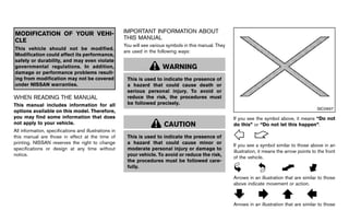 Black plate (4,1)




MODIFICATION OF YOUR VEHI-                                IMPORTANT INFORMATION ABOUT
CLE                                                       THIS MANUAL
                                                                   GUID-6AD293D0-4474-4333-B259-0836BB040D67
                                                          You will see various symbols in this manual. They
This vehicle should not be modified.
                                                          are used in the following ways:
Modification could affect its performance,
safety or durability, and may even violate
governmental regulations. In addition,                                       WARNING
damage or performance problems result-
ing from modification may not be covered                    This is used to indicate the presence of
under NISSAN warranties.                                    a hazard that could cause death or
                                                            serious personal injury. To avoid or
WHEN READING THE MANUAL
        GUID-CB23972B-7971-4127-B62D-40CCA4B9E808
                                                            reduce the risk, the procedures must
This manual includes information for all                    be followed precisely.
                                                                                                                                                         SIC0697
options available on this model. Therefore,
you may find some information that does                                                                        If you see the symbol above, it means “Do not
not apply to your vehicle.                                                   CAUTION                           do this” or “Do not let this happen”.
All information, specifications and illustrations in
this manual are those in effect at the time of              This is used to indicate the presence of                                                    NOS1274
printing. NISSAN reserves the right to change               a hazard that could cause minor or
                                                                                                               If you see a symbol similar to those above in an
specifications or design at any time without                moderate personal injury or damage to
                                                                                                               illustration, it means the arrow points to the front
notice.                                                     your vehicle. To avoid or reduce the risk,
                                                                                                               of the vehicle.
                                                            the procedures must be followed care-
                                                            fully.                                                                                      NOS1275

                                                                                                               Arrows in an illustration that are similar to those
                                                                                                               above indicate movement or action.

                                                                                                                                                        NOS1276

                                                                                                               Arrows in an illustration that are similar to those




                                                       [ Edit: 2011/ 7/ 18 Model: Z51-D ]
 
