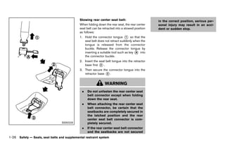 Black plate (48,1)




                                               Stowing rear center seat belt:
                                                               GUID-D73A39BF-43C8-459F-9C24-47B7F579C407   in the correct position, serious per-
                                               When folding down the rear seat, the rear center            sonal injury may result in an acci-
                                               seat belt can be retracted into a stowed position           dent or sudden stop.
                                               as follows:
                                               1. Hold the connector tongue * so that the
                                                                                  1
                                                  seat belt does not retract suddenly when the
                                                  tongue is released from the connector
                                                  buckle. Release the connector tongue by
                                                  inserting a suitable tool such as key * into
                                                                                        A
                                                  the connector buckle.
                                               2. Insert the seat belt tongue into the retractor
                                                  base first * .
                                                              2

                                               3. Then secure the connector tongue into the
                                                  retractor base * .
                                                                 3



                                                                    WARNING
                                                 .   Do not unfasten the rear center seat
                                                     belt connector except when folding
                                                     down the rear seat.
                                                 .   When attaching the rear center seat
                                                     belt connector, be certain that the
                                                     seatbacks are completely secured in
                                                     the latched position and the rear
                                                     center seat belt connector is com-
                                  SSS0225            pletely secured.
                                                 .   If the rear center seat belt connector
                                                     and the seatbacks are not secured
1-26 Safety — Seats, seat belts and supplemental restraint system


                                            [ Edit: 2011/ 7/ 18 Model: Z51-D ]
 
