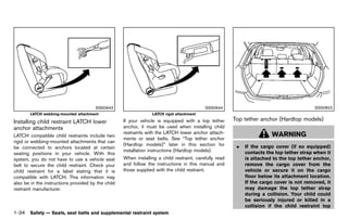 Black plate (56,1)




                                            SSS0643                                                 SSS0644                                                SSS0822
        LATCH webbing-mounted attachment                                   LATCH rigid attachment

Installing child restraint LATCH lower                       If your vehicle is equipped with a top tether       Top tether anchor (Hardtop models)
                                                                                                                             GUID-0CAD3BA9-2525-4BC2-BA48-40988918011E

anchor attachments                                           anchor, it must be used when installing child
              GUID-4BE9649D-8090-4388-B26D-DF734FBAADA5
                                                             restraints with the LATCH lower anchor attach-                          WARNING
LATCH compatible child restraints include two
                                                             ments or seat belts. See “Top tether anchor
rigid or webbing-mounted attachments that can
                                                             (Hardtop models)” later in this section for          .    If the cargo cover (if so equipped)
be connected to anchors located at certain
                                                             installation instructions (Hardtop models).               contacts the top tether strap when it
seating positions in your vehicle. With this
system, you do not have to use a vehicle seat                When installing a child restraint, carefully read         is attached to the top tether anchor,
belt to secure the child restraint. Check your               and follow the instructions in this manual and            remove the cargo cover from the
child restraint for a label stating that it is               those supplied with the child restraint.                  vehicle or secure it on the cargo
compatible with LATCH. This information may                                                                            floor below its attachment location.
also be in the instructions provided by the child                                                                      If the cargo cover is not removed, it
restraint manufacturer.                                                                                                may damage the top tether strap
                                                                                                                       during a collision. Your child could
                                                                                                                       be seriously injured or killed in a
                                                                                                                       collision if the child restraint top
1-34 Safety — Seats, seat belts and supplemental restraint system


                                                          [ Edit: 2011/ 7/ 18 Model: Z51-D ]
 