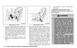 Black plate (62,1)




                                                                                                                  child restraint is loose, repeat steps 1
                                                                                                                  through 6.
                                                                                                             FORWARD-FACING CHILD RE-
                                                                                                             STRAINT INSTALLATION USING THE
                                                                                                             SEAT BELTSGUID-D986E0DE-3F9D-4081-B625-7A6C59773877



                                                                                                                                WARNING
                                                                                                              .    The three-point seat belt with Auto-
                                                                                                                   matic Locking Retractor (ALR) must
                                                                                                                   be used when installing a child
                                                                                                                   restraint. Failure to use the ALR
                                       SSS0647                                                  SSS0638            mode will result in the child re-
             Forward-facing — step 4                                 Forward-facing — step 6                       straint not being properly secured.
4. For child restraints that are equipped with         6. After attaching the child restraint, test it             The restraint could tip over or be
   webbing-mounted attachments, remove any                before you place the child in it. Push it from           loose and cause injury to a child in a
   additional slack from the anchor attach-               side to side while holding the child restraint           sudden stop or collision. Also, it can
   ments. Press downward and rearward firmly              near the LATCH attachment path. The child                change the operation of the front
   in the center of the child restraint with your         restraint should not move more than 1 inch               passenger air bag. See “Front pas-
   knee to compress the vehicle seat cushion              (25 mm), from side to side. Try to tug it                senger air bag and status light”
   and seatback while tightening the webbing              forward and check to see if the LATCH                    later in this section.
   of the anchor attachments.                             attachment holds the restraint in place. If the     .    When installing a child restraint
5. Tighten the tether strap according to the              restraint is not secure, tighten the LATCH               system in the rear center position,
   manufacturer’s instructions to remove any              attachment as necessary, or put the restraint            both the center seat belt connector
   slack.                                                 in another seat and test it again. You may               tongue and buckle tongue must be
                                                          need to try a different child restraint. Not all         secured. See “Rear center seat belt
                                                          child restraints fit in all types of vehicles.           (Hardtop models)” earlier in this
                                                       7. Check to make sure the child restraint is                section. (for Hardtop models)
                                                          properly secured prior to each use. If the
1-40 Safety — Seats, seat belts and supplemental restraint system


                                                    [ Edit: 2011/ 7/ 18 Model: Z51-D ]
 