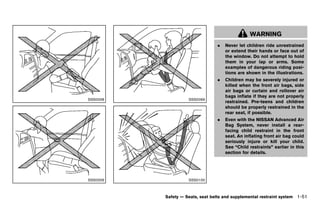 Black plate (73,1)




                                                                               WARNING
                                                               .   Never let children ride unrestrained
                                                                   or extend their hands or face out of
                                                                   the window. Do not attempt to hold
                                                                   them in your lap or arms. Some
                                                                   examples of dangerous riding posi-
                                                                   tions are shown in the illustrations.
                                                               .   Children may be severely injured or
                                                                   killed when the front air bags, side
                                                                   air bags or curtain and rollover air
                                                                   bags inflate if they are not properly
SSS0008                                           SSS0099
                                                                   restrained. Pre-teens and children
                                                                   should be properly restrained in the
                                                                   rear seat, if possible.
                                                               .   Even with the NISSAN Advanced Air
                                                                   Bag System, never install a rear-
                                                                   facing child restraint in the front
                                                                   seat. An inflating front air bag could
                                                                   seriously injure or kill your child.
                                                                   See “Child restraints” earlier in this
                                                                   section for details.




SSS0009                                           SSS0100



                                       Safety — Seats, seat belts and supplemental restraint system   1-51


          [ Edit: 2011/ 7/ 18 Model: Z51-D ]
 