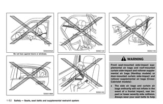 Black plate (74,1)




                                       SSS0059A                                        SSS0140                                      SSS0159
      Do not lean against doors or windows.


                                                                                                                 WARNING
                                                                                                 Front seat-mounted side-impact sup-
                                                                                                 plemental air bags and roof-mounted
                                                                                                 curtain side-impact and rollover supple-
                                                                                                 mental air bags (Hardtop models) or
                                                                                                 door-mounted curtain side-impact and
                                                                                                 rollover supplemental air bags (Cross-
                                                                                                 Cabriolet models):
                                                                                                 .   The side air bags and curtain air
                                                                                                     bags ordinarily will not inflate in the
                                                                                       SSS0162       event of a frontal impact, rear im-
                                       SSS0188A                                                      pact or lower severity side collision.
                                                                                                     Always wear your seat belts to help
1-52 Safety — Seats, seat belts and supplemental restraint system


                                                  [ Edit: 2011/ 7/ 18 Model: Z51-D ]
 