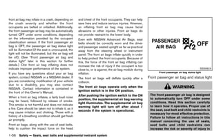 Black plate (78,1)




front air bag may inflate in a crash, depending on        and chest of the front occupants. They can help
the crash severity and whether the front                  save lives and reduce serious injuries. However,
occupants are belted or unbelted. Additionally,           an inflating front air bag may cause facial
the front passenger air bag may be automatically          abrasions or other injuries. Front air bags do
turned OFF under some conditions, depending               not provide restraint to the lower body.
on the information provided by the occupant               Even with NISSAN Advanced Air Bags, seat
classification sensor. If the front passenger air         belts should be correctly worn and the driver
bag is OFF, the passenger air bag status light            and passenger seated upright as far as practical
will be illuminated (if the seat is unoccupied, the       away from the steering wheel or instrument
light will not be illuminated, but the air bag will       panel. The front air bags inflate quickly in order
be off). (See “Front passenger air bag and                to help protect the front occupants. Because of
status light” later in this section for further           this, the force of the front air bag inflating can
details.) One front air bag inflating does not            increase the risk of injury if the occupant is too
indicate improper performance of the system.              close to, or is against, the air bag module during                                               SSS0823
                                                                                                                        Front passenger air bag status light
If you have any questions about your air bag              inflation.
system, contact NISSAN or a NISSAN dealer. If             The front air bags will deflate quickly after a      Front passenger air bag and status light
                                                                                                                           GUID-3CBF7429-7AEE-4E17-9176-3C55CA8B9FB7
you are considering modification of your vehicle          collision.
due to a disability, you may also contact
NISSAN. Contact information is contained in
                                                          The front air bags operate only when the                                 WARNING
                                                          ignition switch is in the ON position.
the front of this Owner’s Manual.
                                                          After pushing the ignition switch to the ON           The front passenger air bag is designed
When a front air bag inflates, a fairly loud noise                                                              to automatically turn OFF under some
                                                          position, the supplemental air bag warning
may be heard, followed by release of smoke.                                                                     conditions. Read this section carefully
                                                          light illuminates. The supplemental air bag
This smoke is not harmful and does not indicate                                                                 to learn how it operates. Proper use of
                                                          warning light will turn off after about 7
a fire. Care should be taken not to inhale it, as it                                                            the seat, seat belt and child restraints is
                                                          seconds if the system is operational.
may cause irritation and choking. Those with a                                                                  necessary for most effective protection.
history of a breathing condition should get fresh                                                               Failure to follow all instructions in this
air promptly.                                                                                                   manual concerning the use of seats,
Front air bags, along with the use of seat belts,                                                               seat belts and child restraints can
help to cushion the impact force on the head                                                                    increase the risk or severity of injury in

1-56 Safety — Seats, seat belts and supplemental restraint system


                                                       [ Edit: 2011/ 7/ 18 Model: Z51-D ]
 