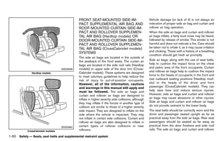 Black plate (82,1)




                                                  FRONT SEAT-MOUNTED SIDE-IM-                            Vehicle damage (or lack of it) is not always an
                                                  PACT SUPPLEMENTAL AIR BAG AND                          indication of proper side air bag and curtain and
                                                  ROOF-MOUNTED CURTAIN SIDE-IM-                          rollover air bag operation.
                                                  PACT AND ROLLOVER SUPPLEMEN-                           When the side air bags and curtain and rollover
                                                  TAL AIR BAG (Hardtop models) OR                        air bags inflate, a fairly loud noise may be heard,
                                                  DOOR-MOUNTED CURTAIN SIDE-IM-                          followed by release of smoke. This smoke is not
                                                  PACT AND ROLLOVER SUPPLEMEN-                           harmful and does not indicate a fire. Care should
                                                  TAL AIR BAG (CrossCabriolet models)                    be taken not to inhale it, as it may cause irritation
                                                                                                         and choking. Those with a history of a breathing
                                                  SYSTEMS GUID-EB2F6895-6E81-4642-9F76-FC0B9A82DFD3
                                                                                                         condition should get fresh air promptly.
                                                  The side air bags are located in the outside of
                                                  the seatback of the front seats. The curtain air       Side air bags, along with the use of seat belts,
                                                  bags are located in the side roof rails (Hardtop       help to cushion the impact force on the chest
                                     SSS0848      models) or upper side of the door trim (Cross-         and pelvic area of the front occupants. Curtain
                                                  Cabriolet models). These systems are designed          and rollover air bags help to cushion the impact
               Hardtop models
                                                  to meet voluntary guidelines to help reduce the        force to the heads of occupants in the front and
                                                  risk of injury to out-of-position occupants.           rear outboard seating positions (Hardtop mod-
                                                  However, all of the information, cautions              els) or the heads of the driver and front
                                                  and warnings in this manual still apply and            passenger (CrossCabriolet models). They can
                                                  must be followed. The side air bags and                help save lives and reduce serious injuries.
                                                  curtain and rollover air bags are designed to          However, side air bags and curtain and rollover
                                                  inflate in higher severity side collisions, although   air bags may cause abrasions or other injuries.
                                                  they may inflate if the forces in another type of      Side air bags and curtain and rollover air bags
                                                  collision are similar to those of a higher severity    do not provide restraint to the lower body.
                                                  side impact. They are designed to inflate on the       The seat belts should be correctly worn and the
                                                  side where the vehicle is impacted. They may           driver and passenger seated upright as far as
                                                  not inflate in certain side collisions. Curtain and    practical away from the side air bags. Rear seat
                                                  rollover air bags are also designed to inflate in      passengers should be seated as far away as
                                     SSS0982      certain types of rollover collisions or near           practical from the door finishers and side roof
            CrossCabriolet moldels                rollovers.                                             rails. The side air bags and curtain and rollover

1-60 Safety — Seats, seat belts and supplemental restraint system


                                               [ Edit: 2011/ 7/ 18 Model: Z51-D ]
 