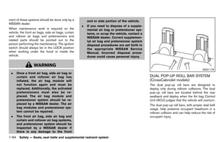 Black plate (86,1)




ment of these systems should be done only by a                 end or side portion of the vehicle.
NISSAN dealer.
                                                           .   If you need to dispose of a supple-
When maintenance work is required on the                       mental air bag or pretensioner sys-
vehicle, the front air bags, side air bags, curtain            tems, or scrap the vehicle, contact a
and rollover air bags and pretensioners and                    NISSAN dealer. Correct supplemen-
related parts should be pointed out to the                     tal air bag and pretensioner system
person performing the maintenance. The ignition                disposal procedures are set forth in
switch should always be in the LOCK position                   the appropriate NISSAN Service
when working under the hood or inside the                      Manual. Incorrect disposal proce-
vehicle.                                                       dures could cause personal injury.

                   WARNING
                                                                                                                                                 SSS1178
 .    Once a front air bag, side air bag or
      curtain and rollover air bag has                                                                 DUAL POP-UP ROLL BAR SYSTEM
      inflated, the air bag module will                                                                (CrossCabriolet models)
                                                                                                                  GUID-94609B65-694A-4C47-A779-9B5BB5581CB7
      not function again and must be                                                                   The dual pop-up roll bars are designed to
      replaced. Additionally, the activated                                                            deploy only during rollover collisions. The dual
      pretensioners must also be re-                                                                   pop-up roll bars are located behind the rear
      placed. The air bag module and                                                                   seatback and deploy when the Air bag Control
      pretensioner system should be re-                                                                Unit (ACU) judges that the vehicle will overturn.
      placed by a NISSAN dealer. The air                                                               The dual pop-up roll bars, with proper seat belt
      bag modules and pretensioner sys-                                                                usage, help preserve occupant headroom in a
      tem cannot be repaired.                                                                          rollover collision and can help reduce the risk of
 .    The front air bag, side air bag and                                                              occupant injury.
      curtain and rollover air bag systems,
      and pretensioner system should be
      inspected by a NISSAN dealer if
      there is any damage to the front
1-64 Safety — Seats, seat belts and supplemental restraint system


                                                      [ Edit: 2011/ 7/ 18 Model: Z51-D ]
 