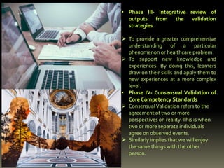 • Phase III- Integrative review of
outputs from the validation
strategies
 To provide a greater comprehensive
understanding of a particular
phenomenon or healthcare problem.
 To support new knowledge and
experiences. By doing this, learners
draw on their skills and apply them to
new experiences at a more complex
level.
• Phase IV- Consensual Validation of
Core Competency Standards
 ConsensualValidation refers to the
agreement of two or more
perspectives on reality.This is when
two or more separate individuals
agree on observed events.
 Similarly implies that we will enjoy
the same things with the other
person.
 