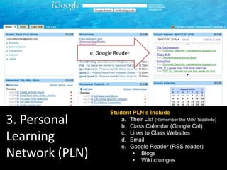 e. Google Reader




                        Student PLN’s Include
3. Personal                 a. Their List (Remember the Milk/ Toodledo)
                            b. Class Calendar (Google Cal)

Learning                    c. Links to Class Websites
                            d. Email
                            e. Google Reader (RSS reader)
Network (PLN)                   • Blogs
                                • Wiki changes
 