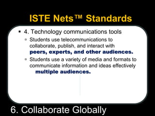 ISTE Nets™ Standards
  4. Technology communications tools
    Students use telecommunications to
     collaborate, publish, and interact with
     peers, experts, and other audiences.
    Students use a variety of media and formats to
     communicate information and ideas effectively
     to multiple audiences.




6. Collaborate Globally
 