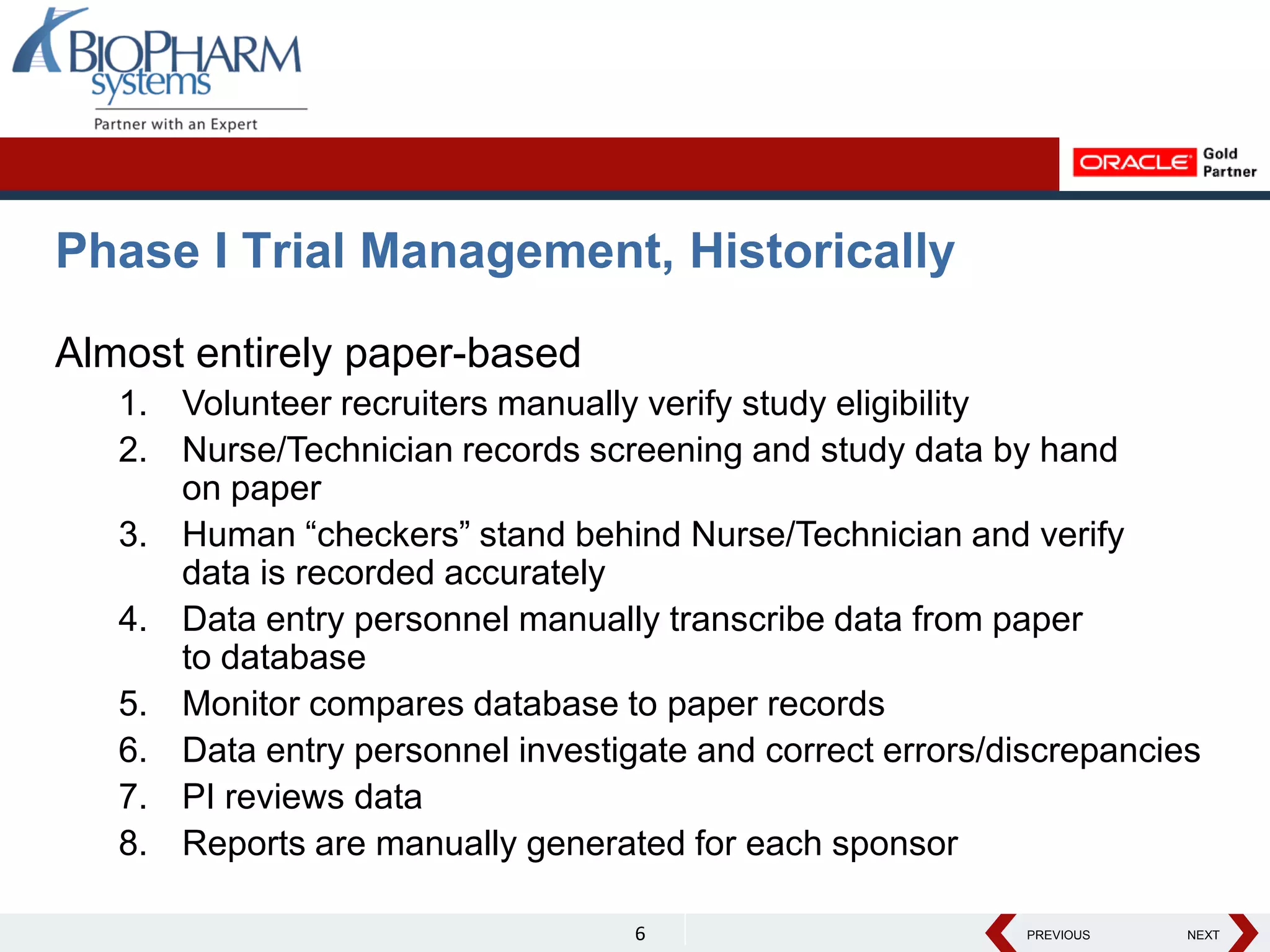 PREVIOUS NEXT
PREVIOUS NEXT
Phase I Trial Management, Historically
Almost entirely paper-based
1. Volunteer recruiters manually verify study eligibility
2. Nurse/Technician records screening and study data by hand
on paper
3. Human “checkers” stand behind Nurse/Technician and verify
data is recorded accurately
4. Data entry personnel manually transcribe data from paper
to database
5. Monitor compares database to paper records
6. Data entry personnel investigate and correct errors/discrepancies
7. PI reviews data
8. Reports are manually generated for each sponsor
6
 