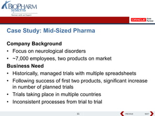 Case Study: Mid-Sized Pharma

Company Background
• Focus on neurological disorders
• ~7,000 employees, two products on market
Business Need
• Historically, managed trials with multiple spreadsheets
• Following success of first two products, significant increase
  in number of planned trials
• Trials taking place in multiple countries
• Inconsistent processes from trial to trial

                               11                    PREVIOUS
                                                     PREVIOUS   NEXT
                                                                NEXT
 