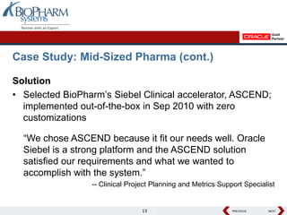 Case Study: Mid-Sized Pharma (cont.)

Solution
• Selected BioPharm’s Siebel Clinical accelerator, ASCEND;
  implemented out-of-the-box in Sep 2010 with zero
  customizations

  “We chose ASCEND because it fit our needs well. Oracle
  Siebel is a strong platform and the ASCEND solution
  satisfied our requirements and what we wanted to
  accomplish with the system.”
                 -- Clinical Project Planning and Metrics Support Specialist


                                 13                           PREVIOUS
                                                              PREVIOUS   NEXT
                                                                         NEXT
 