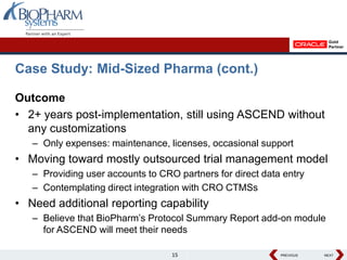 Case Study: Mid-Sized Pharma (cont.)

Outcome
• 2+ years post-implementation, still using ASCEND without
  any customizations
   – Only expenses: maintenance, licenses, occasional support
• Moving toward mostly outsourced trial management model
   – Providing user accounts to CRO partners for direct data entry
   – Contemplating direct integration with CRO CTMSs
• Need additional reporting capability
   – Believe that BioPharm’s Protocol Summary Report add-on module
     for ASCEND will meet their needs

                                   15                       PREVIOUS
                                                            PREVIOUS   NEXT
                                                                       NEXT
 