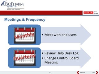 Meetings & Frequency


                  • Meet with end users



                  • Review Help Desk Log
                  • Change Control Board
                    Meeting

                       9                   PREVIOUS
                                           PREVIOUS   NEXT
                                                      NEXT
 