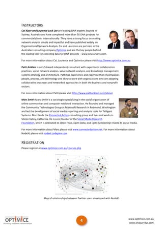  

INSTRUCTORS	
  
Cai	
  Kjaer	
  and	
  Laurence	
  Lock	
  Lee	
  are	
  leading	
  ONA	
  experts	
  located	
  in	
  
Sydney,	
  Australia	
  and	
  have	
  completed	
  more	
  than	
  50	
  ONA	
  projects	
  for	
  
commercial	
  clients	
  internationally.	
  They	
  have	
  a	
  strong	
  focus	
  on	
  making	
  
network	
  analysis	
  simple	
  and	
  impactful	
  and	
  have	
  published	
  widely	
  on	
  
Organisational	
  Network	
  Analysis.	
  Cai	
  and	
  Laurence	
  are	
  partners	
  in	
  the	
  
Australian	
  consulting	
  company	
  Optimice	
  and	
  are	
  the	
  key	
  people	
  behind	
  
the	
  leading	
  tool	
  for	
  collecting	
  data	
  for	
  ONA	
  projects	
  –	
  www.onasurveys.com.	
  	
  

For	
  more	
  information	
  about	
  Cai,	
  Laurence	
  and	
  Optimice	
  please	
  visit	
  http://www.optimice.com.au.	
  

Patti	
  Anklam	
  is	
  an	
  US-­‐based	
  independent	
  consultant	
  with	
  expertise	
  in	
  collaboration	
  
practices,	
  social	
  network	
  analysis,	
  value	
  network	
  analysis,	
  and	
  knowledge	
  management	
  
systems	
  strategy	
  and	
  architecture.	
  Patti	
  has	
  experience	
  and	
  expertise	
  that	
  encompasses	
  
people,	
  process,	
  and	
  technology	
  and	
  likes	
  to	
  work	
  with	
  organizations	
  who	
  are	
  adopting	
  
collaborative	
  processes	
  and	
  networked	
  approaches	
  in	
  both	
  the	
  business	
  and	
  nonprofit	
  
sectors.	
  

For	
  more	
  information	
  about	
  Patti	
  please	
  visit	
  http://www.pattianklam.com/about	
  

Marc	
  Smith	
  Marc	
  Smith	
  is	
  a	
  sociologist	
  specializing	
  in	
  the	
  social	
  organisation	
  of	
  
online	
  communities	
  and	
  computer	
  mediated	
  interaction.	
  He	
  founded	
  and	
  managed	
  
the	
  Community	
  Technologies	
  Group	
  at	
  Microsoft	
  Research	
  in	
  Redmond,	
  Washington	
  
and	
  led	
  the	
  development	
  of	
  social	
  media	
  reporting	
  and	
  analysis	
  tools	
  for	
  Telligent	
  
Systems.	
  Marc	
  leads	
  the	
  Connected	
  Action	
  consulting	
  group	
  and	
  lives	
  and	
  works	
  in	
  
Silicon	
  Valley,	
  California.	
  He	
  is	
  a	
  co-­‐founder	
  of	
  the	
  Social	
  Media	
  Research	
  
Foundation,	
  which	
  is	
  dedicated	
  to	
  Open	
  Tools,	
  Open	
  Data,	
  and	
  Open	
  Scholarship	
  related	
  to	
  social	
  media.	
  

For	
  more	
  information	
  about	
  Marc	
  please	
  visit	
  www.connectedaction.net.	
  For	
  more	
  information	
  about	
  
NodeXL	
  please	
  visit	
  nodexl.codeplex.com	
  


REGISTRATION	
  
Please	
  register	
  at	
  www.optimice.com.au/courses.php	
  	
  

	
  

	
  

	
  

	
  

	
  

	
  

                    	
                                                                                                                 	
  
                             Map	
  of	
  relationships	
  between	
  Twitter	
  users	
  developed	
  with	
  NodeXL	
  

	
  

	
  

	
  
                                                                                                                                              www.optimice.com.au	
  
                                                                            4	
                                                               www.onasurveys.com	
  	
  

                                                                                                                                                                      	
  
 
