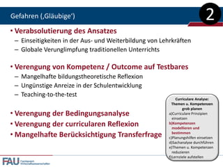 Gefahren (‚Gläubige‘)                                                        2
• Verabsolutierung des Ansatzes
 – Einseitigkeiten in der Aus- und Weiterbildung von Lehrkräften
 – Globale Verunglimpfung traditionellen Unterrichts

• Verengung von Kompetenz / Outcome auf Testbares
 – Mangelhafte bildungstheoretische Reflexion
 – Ungünstige Anreize in der Schulentwicklung
 – Teaching-to-the-test
                                                            Curriculare Analyse:
                                                          Themen u. Kompetenzen
                                                                grob planen
• Verengung der Bedingungsanalyse                       a)Curriculare Prinzipien
                                                          einsetzen
• Verengung der curricularen Reflexion                  b)Kompetenzen
                                                          modellieren und
• Mangelhafte Berücksichtigung Transferfrage              bestimmen
                                                        c)Planungshilfen einsetzen
                                                        d)Sachanalyse durchführen
                                                        e)Themen u. Kompetenzen
                                                          reduzieren
                                                        f)Lernziele aufstellen
   Fachbereich
   Wirtschaftswissenschaften
 