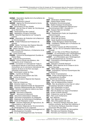 Outil EPECEDU (Evaluation de la Prise En Compte de l'Environnement dans les Documents d'Urbanisme)
                              Fiches sentinelles « Aménagement du territoire » - Réalisation FRAPNA Ain - Version 2 (Février 2012)



37. Acronymes

AASQA : Association Agréée de la Surveillance de                   Ruraux
  la Qualité de l'Air                                            DUP : Déclaration d'Utilité Publique
AC : Assainissement Collectif                                    EBC : Espace Boisé Classé
ADEME : Agence De l'Environnement et de la                       EE : Evaluation Environnementale
  Maîtrise de l'Energie                                          EEE : Espèce Exotique Envahissante
AEP : Alimentation en Eau Potable                                ENE : loi portant Engagement National pour
AMVAP : Aire de Mise en Valeur de l'Architecture                   l'Environnement dite « Grenelle 2 »
  et du Patrimoine                                               ENS : Espaces Naturels Sensibles
ANC : Assainissement Non Collectif                               EP : Eaux Pluviales
AOC : Appellation d'Origine Contrôlée                            EPCI : Etablissement Public de Coopération
AOTU : Autorité Organisatrice de Transports                        Intercommunale
  Urbains                                                        GES : Gaz à Effet de Serre
APNE : Association de Protection de la Nature et                 GSF : Grand site de France
  de l'Environnement                                             HQE : Haute Qualité Environnementale
APPB : Arrêté Préfectoral de Protection de                       IBGN : Indice Biologique Global Normalisé
  Biotope                                                        ICPE : Installation Classée pour la Protection de
ATEN : Atelier Technique des Espaces Naturels                      l'Environnement
BTP : Bâtiments et Travaux Publics                               IFEN : Institut Français de l'ENvironnement
BV : Bassin Versant                                              LAURE : Loi sur l'Air et l'Utilisation Rationnelle de
CAUE : Conseil d'Architecture, d'Urbanisme et de                   l'Energie
  l'Environnement                                                LEMA : Loi sur l'Eau et les Milieux Aquatiques
CC : Carte Communale                                             LOADDT : Loi d'Orientation pour l'Aménagement
CDDRA : Contrat de Développement Durable en                        et de Développement Durable du Territoire
  Rhône-Alpes                                                    LOADT : Loi d'Orientation pour l'Aménagement
CE : Code de l'Environnement                                       et de Développement du Territoire
CERTU : Centre d'Etude des Réseaux, des                          OAP : Orientations d'Aménagement et de
  Transports et de l'Urbanisme                                     Programmation
CITES : Convention on International Trade in                     OIN : Opération d'Intérêt National
  Endangered Species of wild fauna and flore                     ONCFS : Office National de la Chasse et de la
  (Convention sur le commerce international des                    Faune Sauvage
  espèces de faune et de flore sauvages                          ONF : Office National des Forêts
  menacées d'extinction)                                         OTEX : Orientations Technico-Economiques des
CLE : Commission Locale de l'Eau                                   Exploitations
COPIL : Comité de Pilotage                                       PAC : Porter A Connaissance
COS : Coefficient d'Occupation des Sols                          PADD : Projet d'Aménagement et de
CR : Contrat de Rivière                                            Développement Durables
CREN : Conservatoire Régional des Espaces                        PC : Permis de Construire
  Naturels                                                       PCET : Plan Climat-Energie Territorial
CU : Code de l'Urbanisme                                         PDU : Plan de Déplacements Urbains
DCE : Directive Cadre sur l'Eau                                  PEAN : Plan de protection et de mise en valeur
DDE : Direction Départementale de l'Equipement                     des Espaces Agricoles et Naturels
DDT : Direction Départementale des Territoires                   PEB : Plan d'Exposition au Bruit
DERU : Directive européenne relative aux Eaux                    PER : Plan d'Exposition au Risque
  Résiduaires Urbaines                                           PGI : Plan de Gestion du risque d'Inondation
DOCOB : Document d'Objectifs                                     PIG : Projet d'Intérêt Général
"DocU" : document d'urbanisme                                    PLH : Programme Local de l'Habitat
DOG : Document d'Orientation Générale                            PLU : Plan Local d'Urbanisme
DOO : Document d'Orientation et d'Objectifs                      PN : Parc National
DPE : Diagnostic de Performance Energétique                      PNR : Parc Naturel Régional
DPU : Droit de Préemption Urbain                                 POS : Plan d'Occupation des Sols
DRAAF : Direction Régionale de l'Agriculture, de                 PPA (1) : Personne Publique Associée. Sauf
  l'Alimentation et de la Forêt                                    mention contraire, les fiches font référence à
DREAL : Direction Régionale de l'Environnement,                    ces Personnes Publiques Associées lorsque
  de l'Aménagement et du Logement                                  l'acronyme PPA est utilisé.
DTADD : Directive Territoriale d'Aménagement et                  PPA (2) : Plan de Protection de l'Atmosphère
  de Développement Durables                                      PPE : Périmètre de Protection Eloigné
DTR : loi sur le Développement des Territoires                   PPI : Périmètre de Protection Immédiat



                                                                    Fédération Rhône-Alpes de Protection de la NAture - FRAPNA Ain
                                               11 Avenue Maginot 01000 BOURG EN BRESSE 04.74.21.38.79 frapna-ain@frapna.org Page 80
      membre de
 