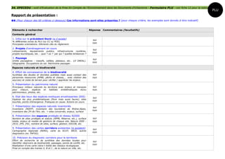 34. EPECEDU : outil d'Evaluation de la Prise En Compte de l'Environnement dans les Documents d'Urbanisme - Formulaire PLU - voir fiche 12 pour la notice
                                                                                                                                                           PLU
Rapport de présentation :
 (Pour chacun des 60 critères ci-dessous) Ces informations sont-elles présentes ? (pour chaque critère, les exemples sont donnés à titre indicatif)


Eléments à rechercher                                                      Réponse   Commentaires (facultatifs)
Contexte général
1. Infos sur le précédent DocU (si il existe)                                oui
% différentes zones du PLU (ou CC ou POS).
                                                                             non
Principales orientations. Eléments clés du règlement.

2. Projets d'aménagement en cours                                            oui
Lotissements, équipements publics, infrastructures routières,
                                                                             non
projets touristiques, etc. : quoi ? où ? par qui ? quelles échéances ?

3. Paysage                                                                   oui
Unités paysagères : massifs, vallées, plateaux, etc… (cf DREAL).
                                                                             non
Géographie. Occupations du sol. Patrimoine paysager.

Espaces naturels et biodiversité
4. Effort de connaissance de la biodiversité
Synthèse des études et données publiées mais aussi contact des               oui
personnes ressources (APNE, pêche et chasse,... avec citation des            non
sources) et visite de terrain pour vérifier / apprécier les enjeux.

5. Présentation du patrimoine naturel
Principaux milieux naturels du territoire avec enjeux et menaces             oui
pour    chacun,   espèces   et  habitats    emblématiques  et/ou             non
patrimoniaux, photos, etc.

6. Etat des lieux des espèces exotiques envahissantes (EEE)                  oui
Espèces les plus problématiques (flore mais aussi faune), sites
                                                                             non
touchés, points d'émergence. Pratiques en cause. Actions en cours.

7. Présentation des espaces naturels inventoriés                             oui
Inventaire ZNIEFF, inventaire des tourbières de Rhône-Alpes,
                                                                             non
inventaire des ZH de l'Ain, etc.  sites concernés, enjeux, surface

8. Présentation des espaces protégés et réseau N2000
Nombre de sites protégés et statuts (APPB, Réserve, etc.), surface           oui
totale, enjeux et modes de gestions de chaque site. Natura 2000 :            non
ZICO, ZPS, ZSC, nombre de sites, surface, gestion, DOCOB, etc.

9. Présentation des cartes corridors existantes (si existent)                oui
Cartographie régionale (RERA), carte du SCOT, SRCE, autres
                                                                             non
diagnostics (ex. PAFVG).

10. Précision du diagnostic corridors pour le territoire
Effort de recherche et de synthèse des données locales pour                  oui
identifier réservoirs de biodiversité, passages, points de conflit, etc.
                                                                             non
Réalisation d'une carte claire t lisible des réseaux écologiques.
Prise en compte des trames V, B et J ; de la nature en ville, etc.
 
