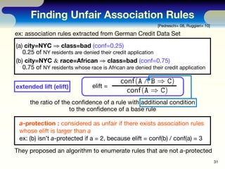 Finding Unfair Association Rules
                                                           [Pedreschi+ 08, Ruggieri+ 10]
...