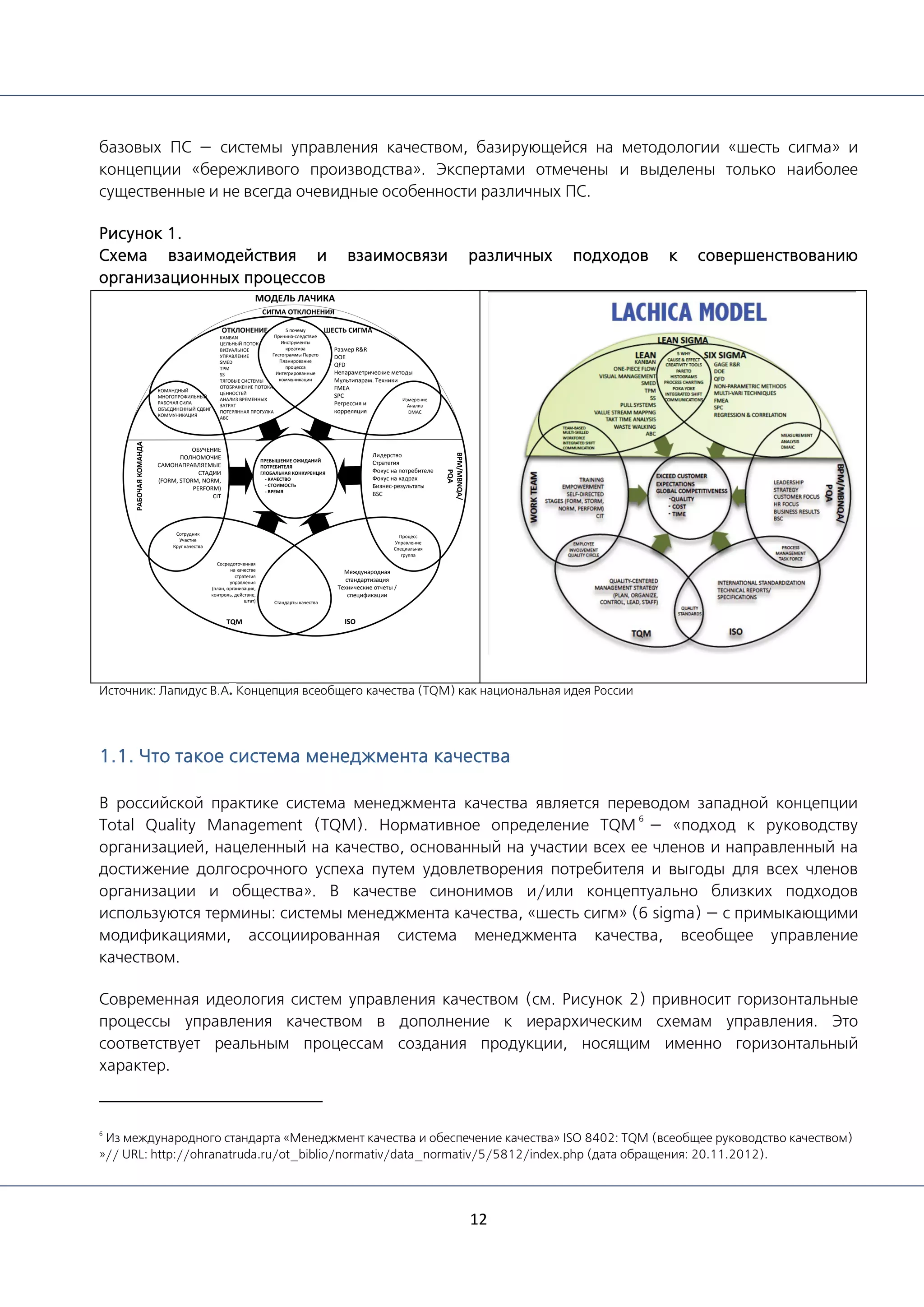 12
базовых ПС — системы управления качеством, базирующейся на методологии «шесть сигма» и
концепции «бережливого производства». Экспертами отмечены и выделены только наиболее
существенные и не всегда очевидные особенности различных ПС.
Рисунок 1.
Схема взаимодействия и взаимосвязи различных подходов к совершенствованию
организационных процессов
РАБОЧАЯКОМАНДА
СИГМА ОТКЛОНЕНИЯ
5 почему
Причина-следствие
Инструменты
креатива
Гистограммы Парето
Планирование
процесса
Интегрированные
коммуникации
ШЕСТЬ СИГМА
Размер R&R
DOE
QFD
Непараметрические методы
Мультипарам. Техники
FMEA
SPC
Регрессия и
корреляция
Измерение
Анализ
DMAC
ОБУЧЕНИЕ
ПОЛНОМОЧИЕ
САМОНАПРАВЛЯЕМЫЕ
СТАДИИ
(FORM, STORM, NORM,
PERFORM)
CIT
КОМАНДНЫЙ
МНОГОПРОФИЛЬНЫЙ
РАБОЧАЯ СИЛА
ОБЪЕДИНЕННЫЙ СДВИГ
КОММУНИКАЦИЯ
ОТКЛОНЕНИЕ
KANBAN
ЦЕЛЬНЫЙ ПОТОК
ВИЗУАЛЬНОЕ
УПРАВЛЕНИЕ
SMED
TPM
SS
ТЯГОВЫЕ СИСТЕМЫ
ОТОБРАЖЕНИЕ ПОТОКА
ЦЕННОСТЕЙ
АНАЛИЗ ВРЕМЕННЫХ
ЗАТРАТ
ПОТЕРЯННАЯ ПРОГУЛКА
ABC
Сотрудник
Участие
Круг качества
TQM
Сосредоточенная
на качестве
стратегия
управления
(план, организация,
контроль, действие,
штат) Стандарты качества
ISO
Международная
стандартизация
Технические отчеты /
спецификации
Процесс
Управление
Специальная
группа
BPM/MBNQA/
PQA
Лидерство
Стратегия
Фокус на потребителе
Фокус на кадрах
Бизнес-результаты
BSC
ПРЕВЫШЕНИЕ ОЖИДАНИЙ
ПОТРЕБИТЕЛЯ
ГЛОБАЛЬНАЯ КОНКУРЕНЦИЯ
- КАЧЕСТВО
- СТОИМОСТЬ
- ВРЕМЯ
МОДЕЛЬ ЛАЧИКА
Источник: Лапидус В.А. Концепция всеобщего качества (TQM) как национальная идея России
1.1. Что такое система менеджмента качества
В российской практике система менеджмента качества является переводом западной концепции
Total Quality Management (TQM). Нормативное определение TQM
6
— «подход к руководству
организацией, нацеленный на качество, основанный на участии всех ее членов и направленный на
достижение долгосрочного успеха путем удовлетворения потребителя и выгоды для всех членов
организации и общества». В качестве синонимов и/или концептуально близких подходов
используются термины: системы менеджмента качества, «шесть сигм» (6 sigma) — с примыкающими
модификациями, ассоциированная система менеджмента качества, всеобщее управление
качеством.
Современная идеология систем управления качеством (см. Рисунок 2) привносит горизонтальные
процессы управления качеством в дополнение к иерархическим схемам управления. Это
соответствует реальным процессам создания продукции, носящим именно горизонтальный
характер.
6
Из международного стандарта «Менеджмент качества и обеспечение качества» ISO 8402: TQM (всеобщее руководство качеством)
»// URL: http://ohranatruda.ru/ot_biblio/normativ/data_normativ/5/5812/index.php (дата обращения: 20.11.2012).
 