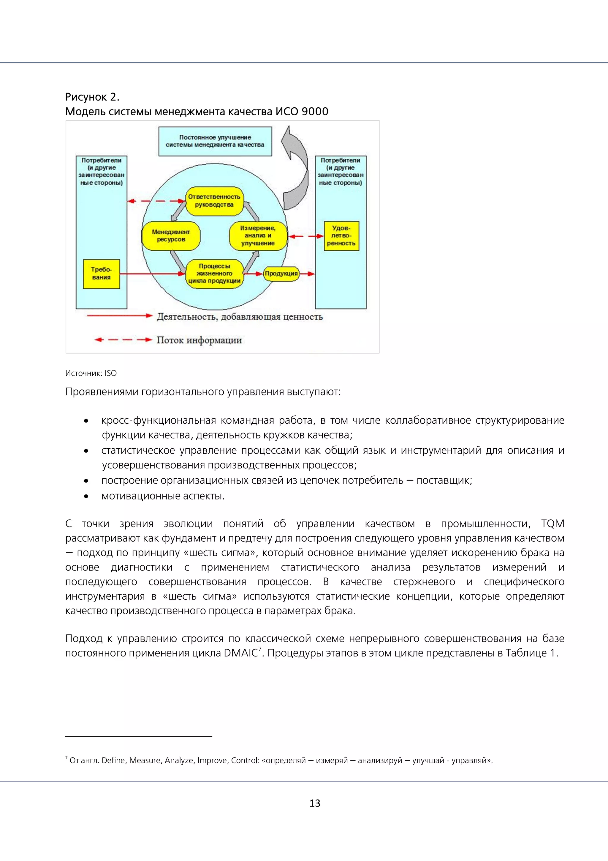13
Рисунок 2.
Модель системы менеджмента качества ИСО 9000
Источник: ISO
Проявлениями горизонтального управления выступают:
• кросс-функциональная командная работа, в том числе коллаборативное структурирование
функции качества, деятельность кружков качества;
• статистическое управление процессами как общий язык и инструментарий для описания и
усовершенствования производственных процессов;
• построение организационных связей из цепочек потребитель — поставщик;
• мотивационные аспекты.
С точки зрения эволюции понятий об управлении качеством в промышленности, TQM
рассматривают как фундамент и предтечу для построения следующего уровня управления качеством
— подход по принципу «шесть сигма», который основное внимание уделяет искоренению брака на
основе диагностики с применением статистического анализа результатов измерений и
последующего совершенствования процессов. В качестве стержневого и специфического
инструментария в «шесть сигма» используются статистические концепции, которые определяют
качество производственного процесса в параметрах брака.
Подход к управлению строится по классической схеме непрерывного совершенствования на базе
постоянного применения цикла DMAIC
7
. Процедуры этапов в этом цикле представлены в Таблице 1.
7
От англ. Define, Measure, Analyze, Improve, Control: «определяй — измеряй — анализируй — улучшай - управляй».
 