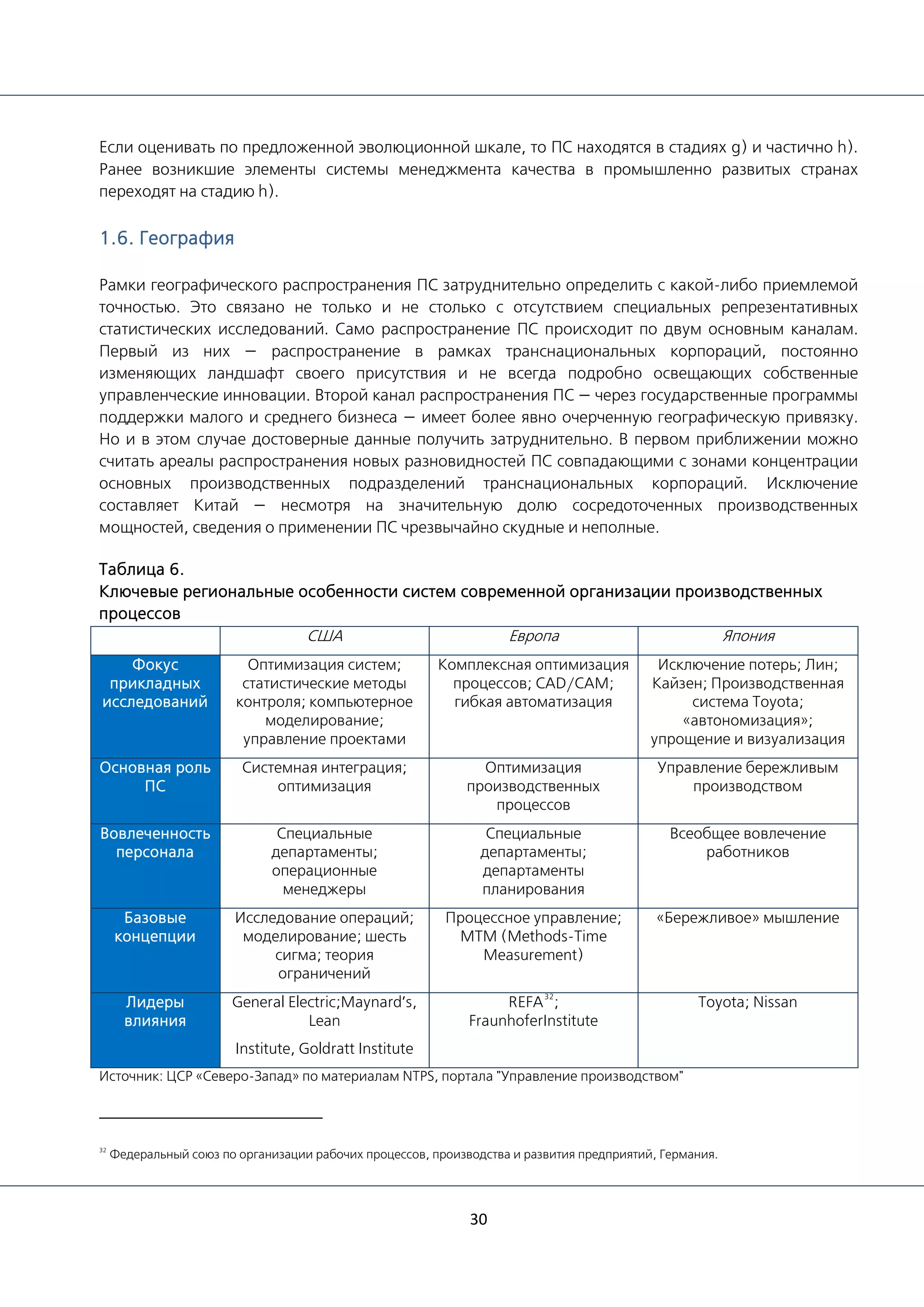 30
Если оценивать по предложенной эволюционной шкале, то ПС находятся в стадиях g) и частично h).
Ранее возникшие элементы системы менеджмента качества в промышленно развитых странах
переходят на стадию h).
1.6. География
Рамки географического распространения ПС затруднительно определить с какой-либо приемлемой
точностью. Это связано не только и не столько с отсутствием специальных репрезентативных
статистических исследований. Само распространение ПС происходит по двум основным каналам.
Первый из них — распространение в рамках транснациональных корпораций, постоянно
изменяющих ландшафт своего присутствия и не всегда подробно освещающих собственные
управленческие инновации. Второй канал распространения ПС — через государственные программы
поддержки малого и среднего бизнеса — имеет более явно очерченную географическую привязку.
Но и в этом случае достоверные данные получить затруднительно. В первом приближении можно
считать ареалы распространения новых разновидностей ПС совпадающими с зонами концентрации
основных производственных подразделений транснациональных корпораций. Исключение
составляет Китай — несмотря на значительную долю сосредоточенных производственных
мощностей, сведения о применении ПС чрезвычайно скудные и неполные.
Таблица 6.
Ключевые региональные особенности систем современной организации производственных
процессов
США Европа Япония
Фокус
прикладных
исследований
Оптимизация систем;
статистические методы
контроля; компьютерное
моделирование;
управление проектами
Комплексная оптимизация
процессов; CAD/CAM;
гибкая автоматизация
Исключение потерь; Лин;
Кайзен; Производственная
система Toyota;
«автономизация»;
упрощение и визуализация
Основная роль
ПС
Системная интеграция;
оптимизация
Оптимизация
производственных
процессов
Управление бережливым
производством
Вовлеченность
персонала
Специальные
департаменты;
операционные
менеджеры
Специальные
департаменты;
департаменты
планирования
Всеобщее вовлечение
работников
Базовые
концепции
Исследование операций;
моделирование; шесть
сигма; теория
ограничений
Процессное управление;
MTM (Methods-Time
Measurement)
«Бережливое» мышление
Лидеры
влияния
General Electric;Maynard’s,
Lean
Institute, Goldratt Institute
REFA
32
;
FraunhoferInstitute
Toyota; Nissan
Источник: ЦСР «Северо-Запад» по материалам NTPS, портала "Управление производством"
32
Федеральный союз по организации рабочих процессов, производства и развития предприятий, Германия.
 