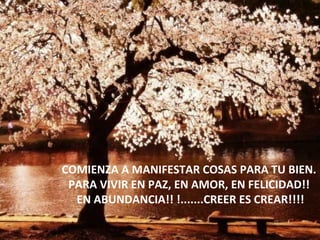 COMIENZA A MANIFESTAR COSAS PARA TU BIEN. PARA VIVIR EN PAZ, EN AMOR, EN FELICIDAD!! EN ABUNDANCIA!! !.......CREER ES CREAR!!!! 