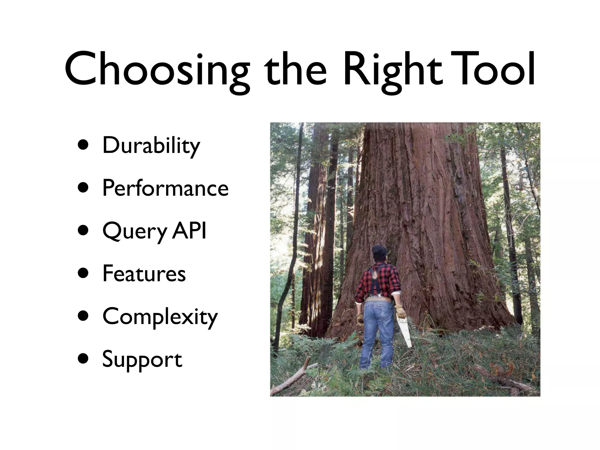 Choosing the Right Tool
• Durability
• Performance
• Query API
• Features
• Complexity
• Support
 