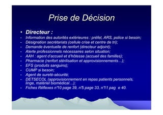 Prise de Décision
• Directeur :
-   Information des autorités extérieures : préfet, ARS, police si besoin;
-   Désignation secrétariats (cellule crise et centre de tri);
-   Demande éventuelle de renfort (directeur adjoint);
-   Alerte professionnels nécessaires selon situation;
-   AAH : agent d’accueil et d’hôtesse (accueil des familles);
-   Pharmacie (renfort stérilisation et approvisionnements…);
-   EFS (produits sanguins);
-   CUMP si besoin;
-   Agent de sureté-sécurité;
-   DETSECOL (approvisionnement en repas patients personnels,
    linge, matériel biomédical…);
-   Fiches Réflexes n° page 39, n° page 33, n° pag e 40.
                       10             5             11
 