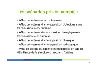 .   Les scénarios pris en compte :
    - Afflux de victimes non contaminées
    - Afflux de victimes d ’une exposition biologique sans
    transmission inter- humaine
    - Afflux de victimes d’une exposition biologique avec
    transmission inter-humaine
    - Afflux de victimes d ’une exposition chimique
    - Afflux de victimes d ’une exposition radiologique
    - Prise en charge de patients hémodialysés en cas de
    défaillance de la structure d ’accueil d ’origine


                                                             11
 