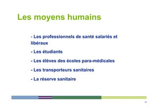 Les moyens humains

  - Les professionnels de santé salariés et
  libéraux
  - Les étudiants

  - Les élèves des écoles para-médicales

  - Les transporteurs sanitaires

  - La réserve sanitaire



                                              15
 