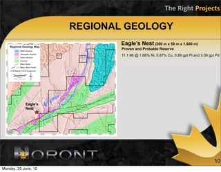 The	
  Right	
  Projects

                      REGIONAL GEOLOGY
                              Eagle’s Nest (200 m x 50 m x 1,600 m)
                              Proven and Probable Reserve
                              11.1 Mt @ 1.68% Ni, 0.87% Cu, 0.89 gpt Pt and 3.09 gpt Pd




            Eagle’s
            Nest




                                                                                   10
Monday, 25 June, 12
 
