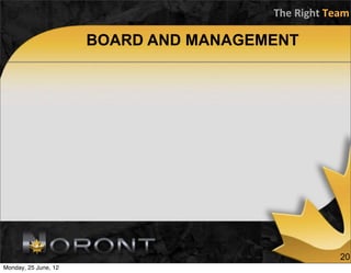 The	
  Right	
  Team

                      BOARD AND MANAGEMENT




                                                        20
Monday, 25 June, 12
 