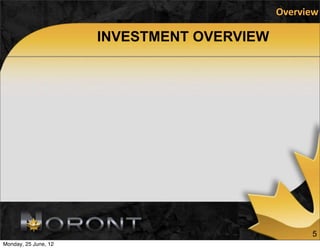 Overview

                      INVESTMENT OVERVIEW




                                                  5
Monday, 25 June, 12
 