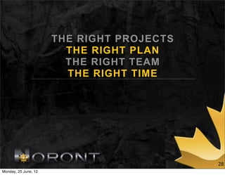THE RIGHT PROJECTS
                        THE RIGHT PLAN
                        THE RIGHT TEAM
                        THE RIGHT TIME




                                           28
Monday, 25 June, 12
 