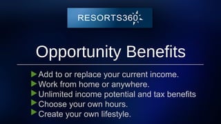 Opportunity Benefits
Add to or replace your current income.
Work from home or anywhere.
Unlimited income potential and tax benefits
Choose your own hours.
Create your own lifestyle.
 
