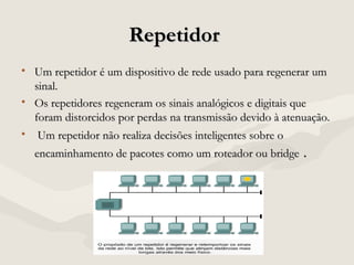 RepetidorRepetidor
• Um repetidor é um dispositivo de rede usado para regenerar umUm repetidor é um dispositivo de rede usado para regenerar um
sinal.sinal.
• Os repetidores regeneram os sinais analógicos e digitais queOs repetidores regeneram os sinais analógicos e digitais que
foram distorcidos por perdas na transmissão devido à atenuação.foram distorcidos por perdas na transmissão devido à atenuação.
• Um repetidor não realiza decisões inteligentes sobre oUm repetidor não realiza decisões inteligentes sobre o
encaminhamento de pacotes como um roteador ou bridgeencaminhamento de pacotes como um roteador ou bridge ..
 