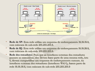• Rede de SP:Rede de SP: Esta rede utiliza um esquema de endereçamento 10.10.10.0,Esta rede utiliza um esquema de endereçamento 10.10.10.0,
com máscara de sub-rede 255.255.255.0.com máscara de sub-rede 255.255.255.0.
• Rede de RJRede de RJ: Esta rede utiliza um esquema de endereçamento 10.10.20.0,: Esta rede utiliza um esquema de endereçamento 10.10.20.0,
com máscara de sub-rede 255.255.255.0.com máscara de sub-rede 255.255.255.0.
• Rede dos roteadoresRede dos roteadores: Para que as interfaces externas dos roteadores: Para que as interfaces externas dos roteadores
possam se comunicar, eles devem fazer parte de uma mesma rede, istopossam se comunicar, eles devem fazer parte de uma mesma rede, isto
é, devem compartilhar um esquema de endereçamento comum. Asé, devem compartilhar um esquema de endereçamento comum. As
interfaces externas dos roteadores (interfaces WAN), fazem parte dainterfaces externas dos roteadores (interfaces WAN), fazem parte da
rede 10.10.30.0, com máscara de sub-rede 255.255.255.0rede 10.10.30.0, com máscara de sub-rede 255.255.255.0
 