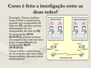Como é feita a interligação entre asComo é feita a interligação entre as
duas redes?duas redes?
• Exemplo: Vamos analisarExemplo: Vamos analisar
como é feito o roteamento,como é feito o roteamento,
quando um computador daquando um computador da
rede emrede em SP,SP, precisa acessarprecisa acessar
informações de uminformações de um
computador da rede nocomputador da rede no RJ.RJ.
• O computadorO computador SP-01SP-01
(10.10.10.5),(10.10.10.5), precisa acessarprecisa acessar
um arquivo que está em umaum arquivo que está em uma
pasta compartilhada dopasta compartilhada do
computadorcomputador RJ-02RJ-02
(10.10.20.12).(10.10.20.12).
• Como é feito o roteamento,Como é feito o roteamento,
de tal maneira que estes doisde tal maneira que estes dois
computadores possam trocarcomputadores possam trocar
informações?informações?
 