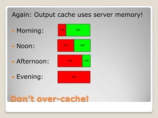Don’t over-cache!
Again: Output cache uses server memory!
 Morning:
 Noon:
 Afternoon:
 Evening:
 