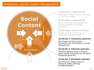 Ansätze für „Social Content Management“

                                                      (A) Die Basis 1: Eigene Inhalte
                                                      Eigene gute Inhalte im Social Web teilbar
                                                      zur Verfügung stellen

           Social                                     (B) Die Basis 2: Klassische PR


          Content
                                                      PR von vornherein mit einplanen und
                                                      indirekt Inhalte für Social Web
                                                      produzieren




                                 Earned Content
                                                      (C) Die Pflicht: Moderation/Dialog

             F              E                     B   Mit offener Kritik auf den eigenen
                                                      Plattformen umgehen lernen!

                                                      (D) Die Kür 1: Fürsprecher gewinnen
                     D                                Über Dialog und tolle Services
                                                      Fürsprecher und „Botschafter“ im Social
                                                      Web gewinnen
         C
                                                      (E) Die Kür 2: Influencer gewinnen
                 Owned Content
                                                      Mit Meinungsführer direkt in Kontakt
                                                      treten und als Fürsprecher für die eigene
                     A                                Perspektive gewinnen

                                                      (F) Die Kür 3: Mitarbeiter einbinden
                                                      Als „Personen“ Inhalte direkt zur
                                                      Verfügung stellen (Achtung!
                                                      Transparenzgebot!)
                                                                                             100
 