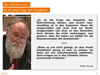 Wir erinnern uns:
Es ist eine Frage der Empathie!


                       „Es ist die Frage der Empathie. Der
                       Wahrnehmung dessen, was zurzeit reso-
                       nanzfähig ist in den Systemen. Wenn Sie
                       einigermaßen nah dran sind am Markt,
                       einigermaßen nah dran an den Menschen,
                       dann können Sie nicht vorhersagen, was
                       passiert. Aber Sie haben ein Gefühl für die
                       Resonanzmuster der Gesellschaft.“
                                          Und:
                       „Wenn es uns nicht gelingt, an dem Punkt
                       empathisch genug zu sein, zu wissen, wo
                       diese Art von Aufschaukelung stattfindet,
                       dann kriegen wir in den nächsten Jahren
                       gravierende Probleme.“


                                                        Peter Kruse


                                                                      105
 