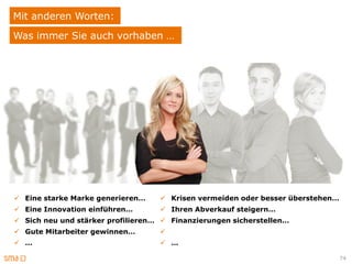 Mit anderen Worten:
Was immer Sie auch vorhaben …




 Eine starke Marke generieren…     Krisen vermeiden oder besser überstehen…
 Eine Innovation einführen…        Ihren Abverkauf steigern…
 Sich neu und stärker profilieren…  Finanzierungen sicherstellen…
 Gute Mitarbeiter gewinnen…       
 …                                 …

                                                                                74
 